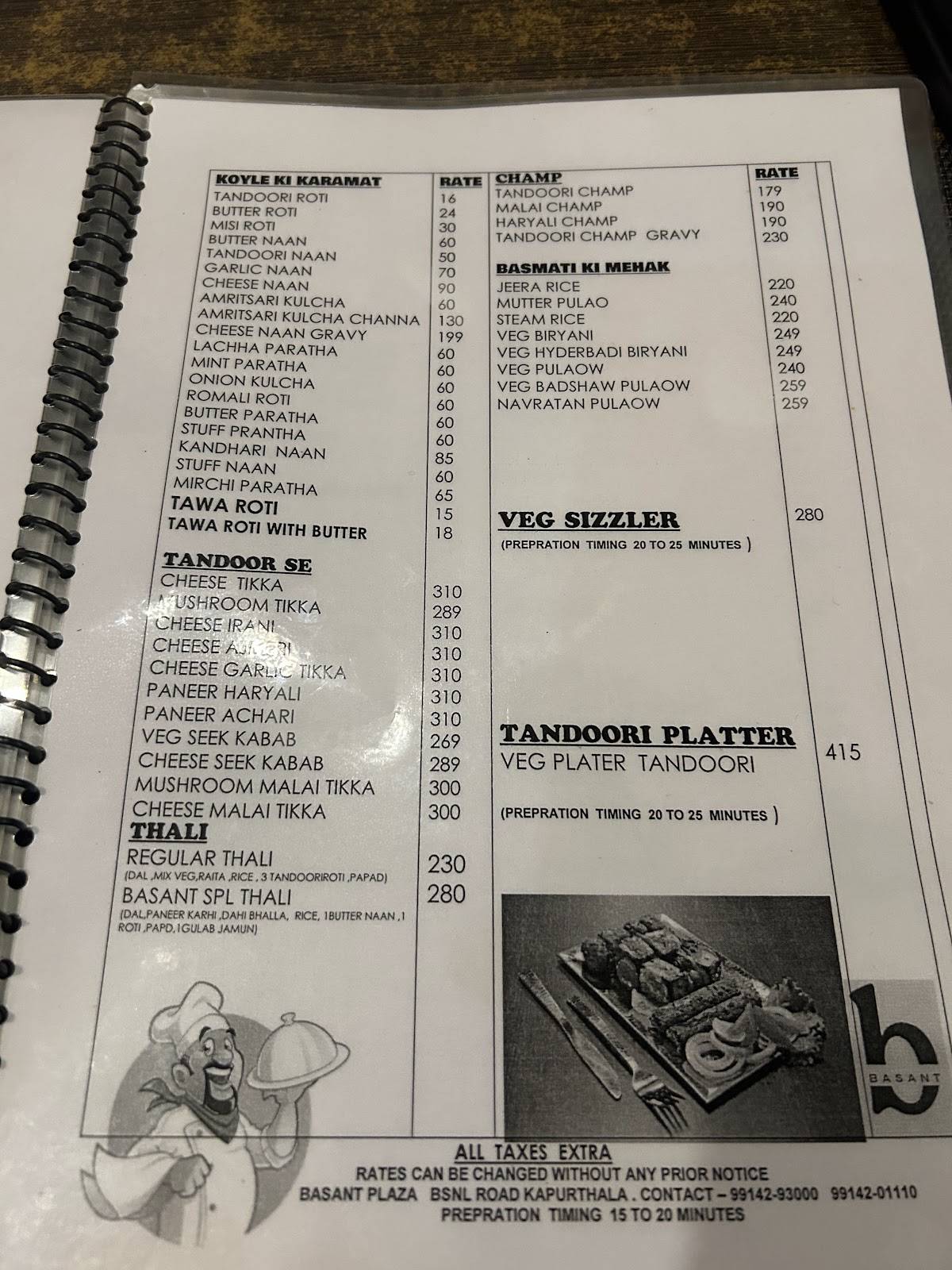 BASANT RESTAURANT menu