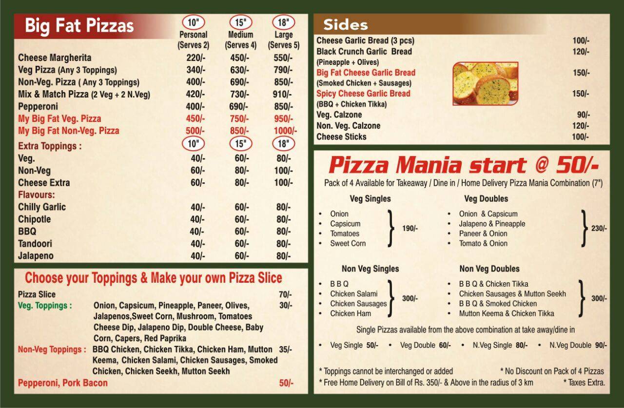BIG FAT PIZZA menu