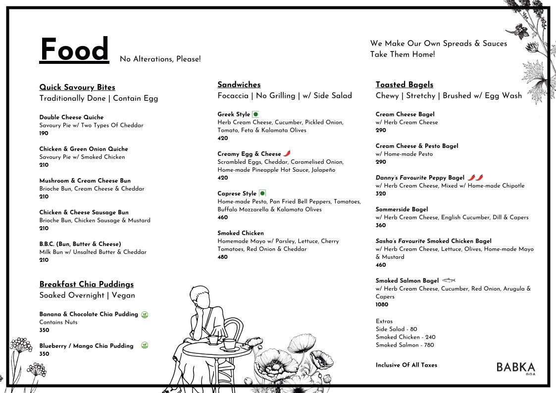 Babka Goa - Coffee Bar Bakery Patisserie, Anjuna menu