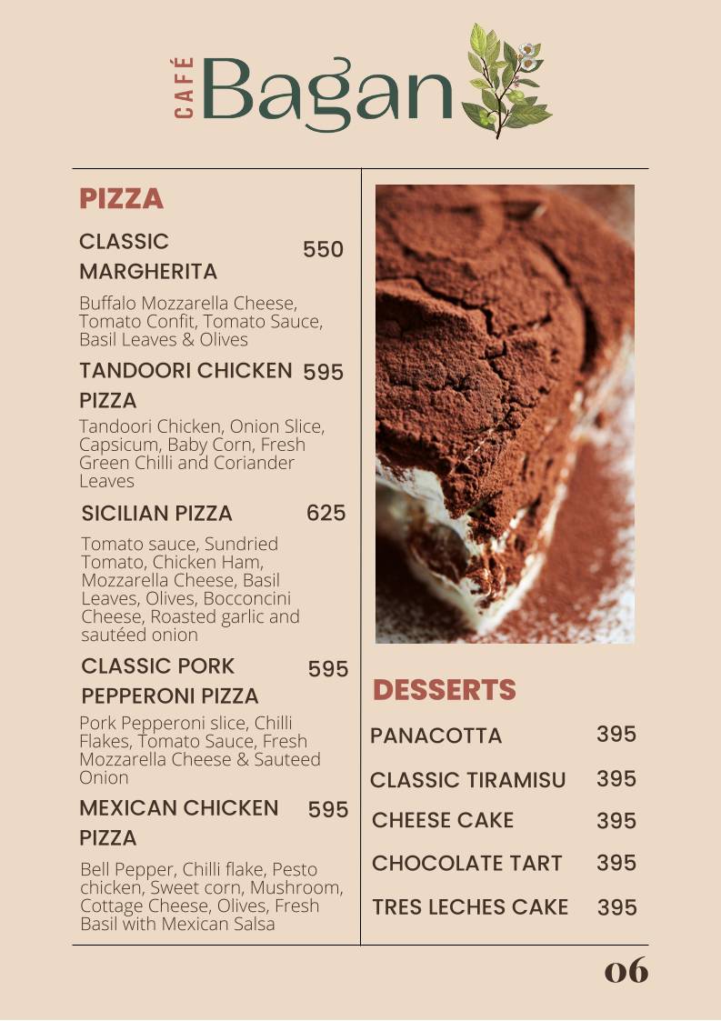 Bagan : Poolside Cafe menu