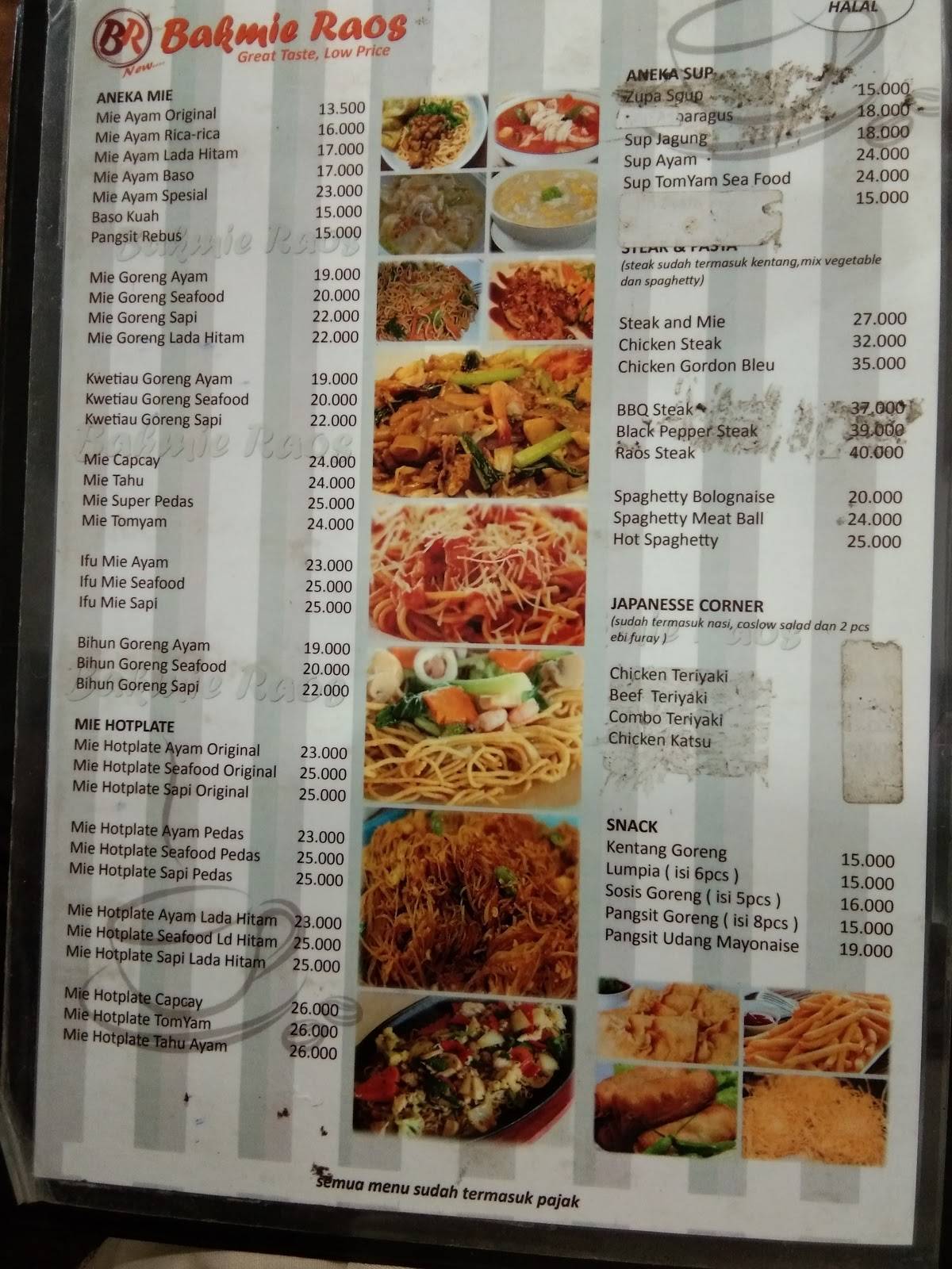 Menu at Bakmie Raos restaurant, Pontianak, Jl. Dr. Wahidin. S No.1D