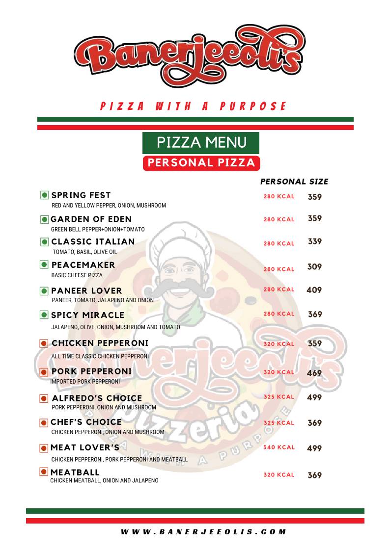Banerjeeoli's Pizza with a Purpose menu