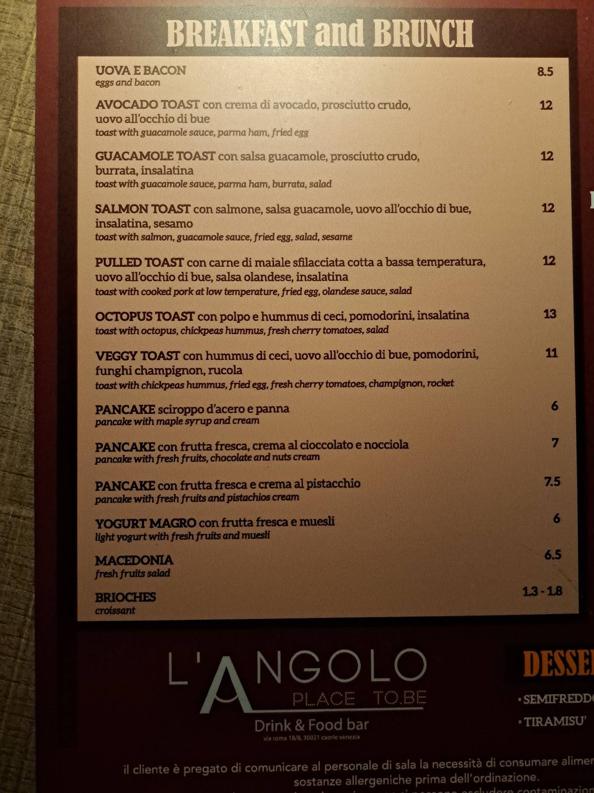 Menu di Bar L' Angolo 