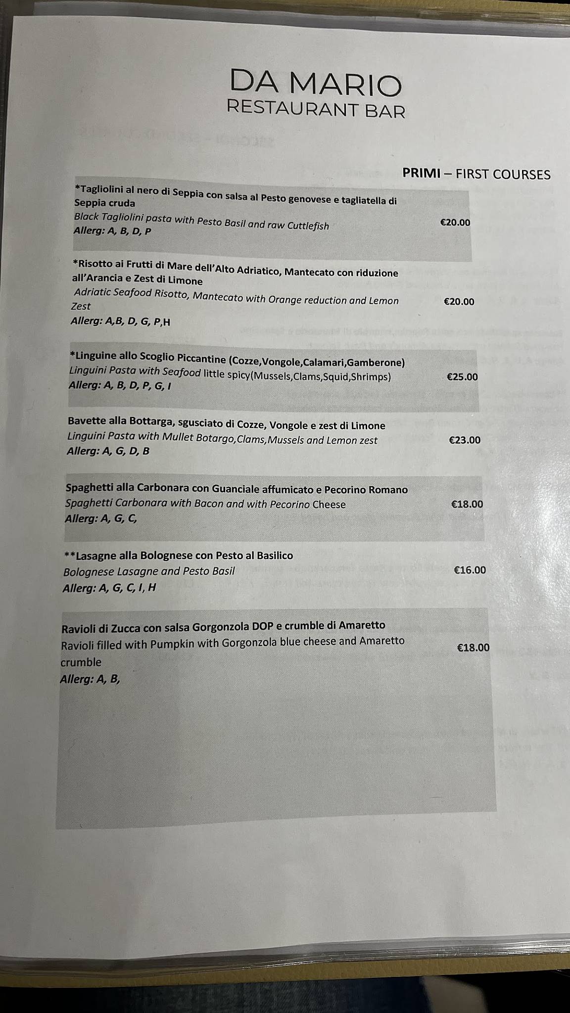 Menu di Da Mario Ristorante 