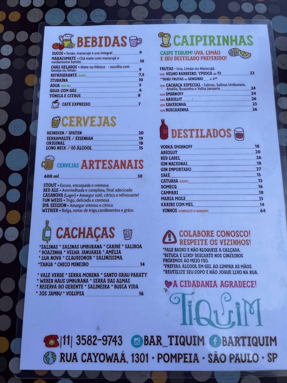 Bar Tiquim cardápio