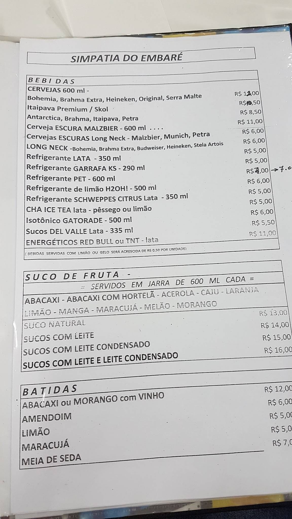 Simpatia do Embaré cardápio