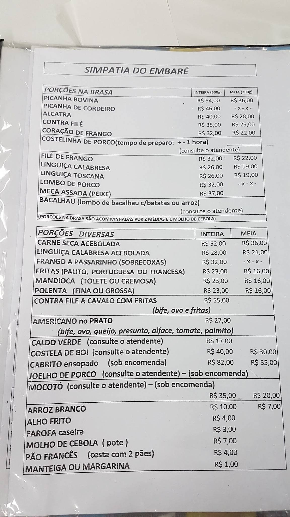 Simpatia do Embaré cardápio