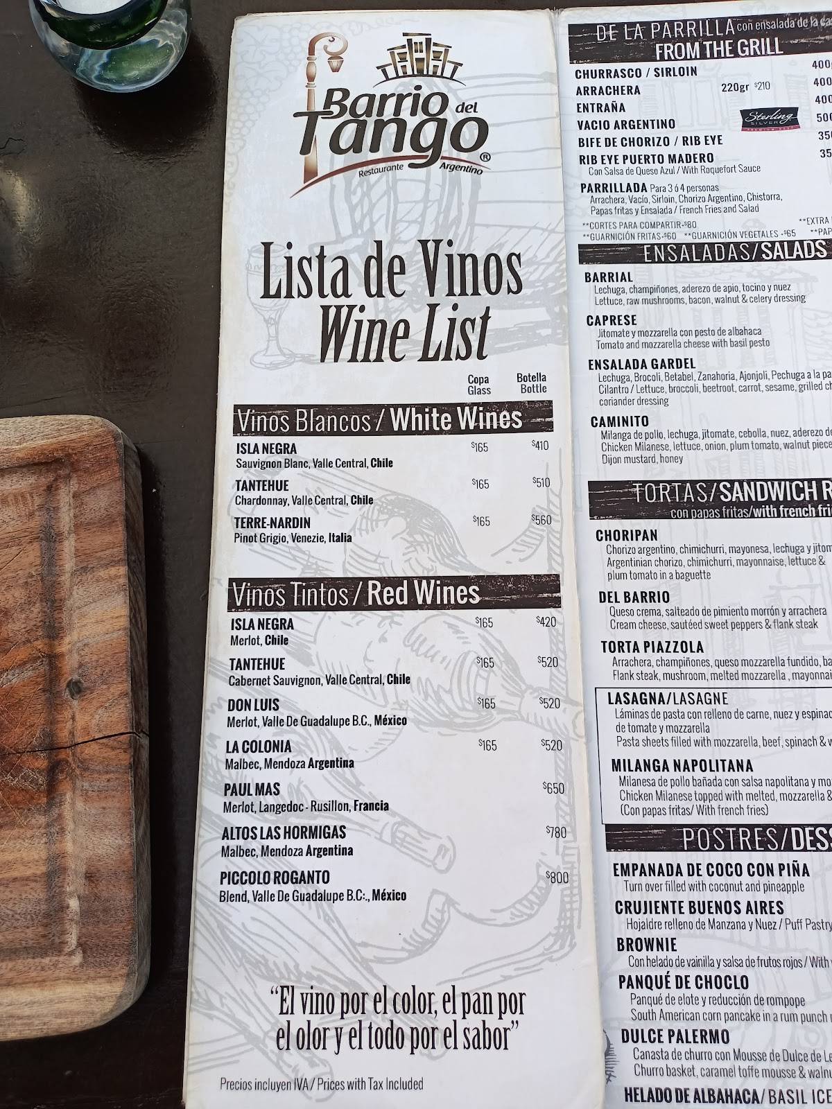 Carta de Barrio del Tango Restaurante Argentino, San José del Cabo