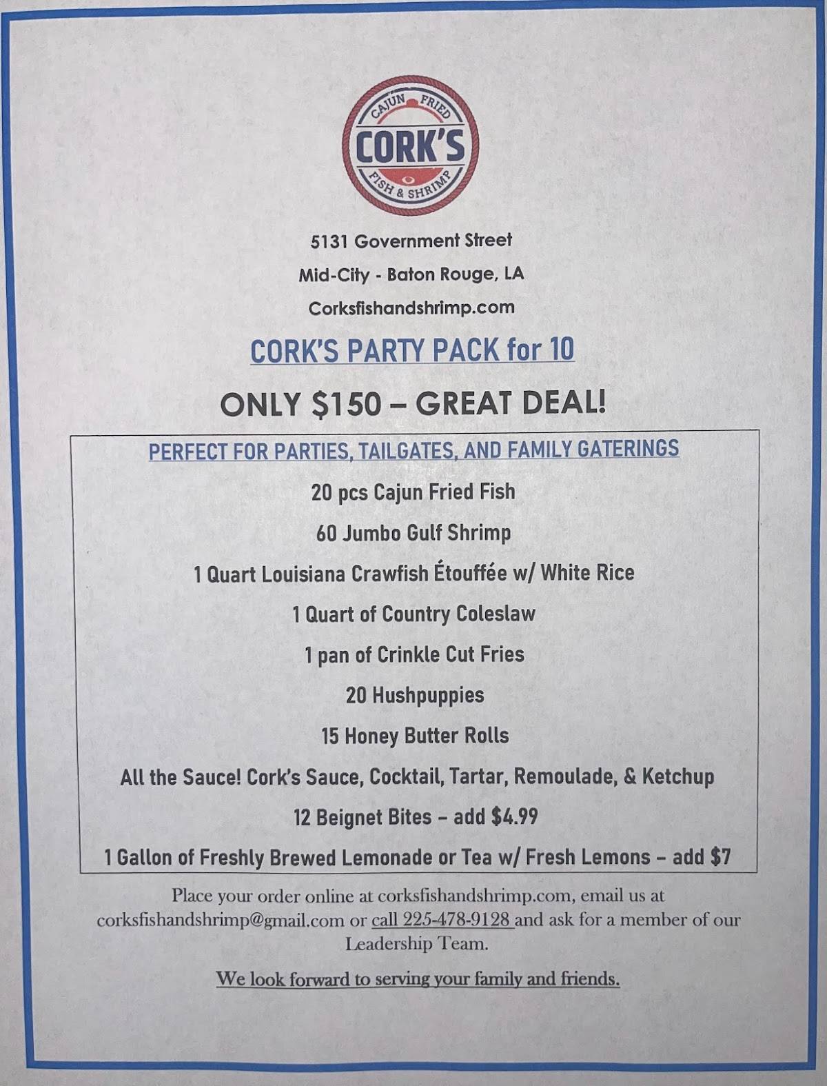 Menu at Cork's Cajun Fried Fish & Shrimp restaurant, Baton Rouge