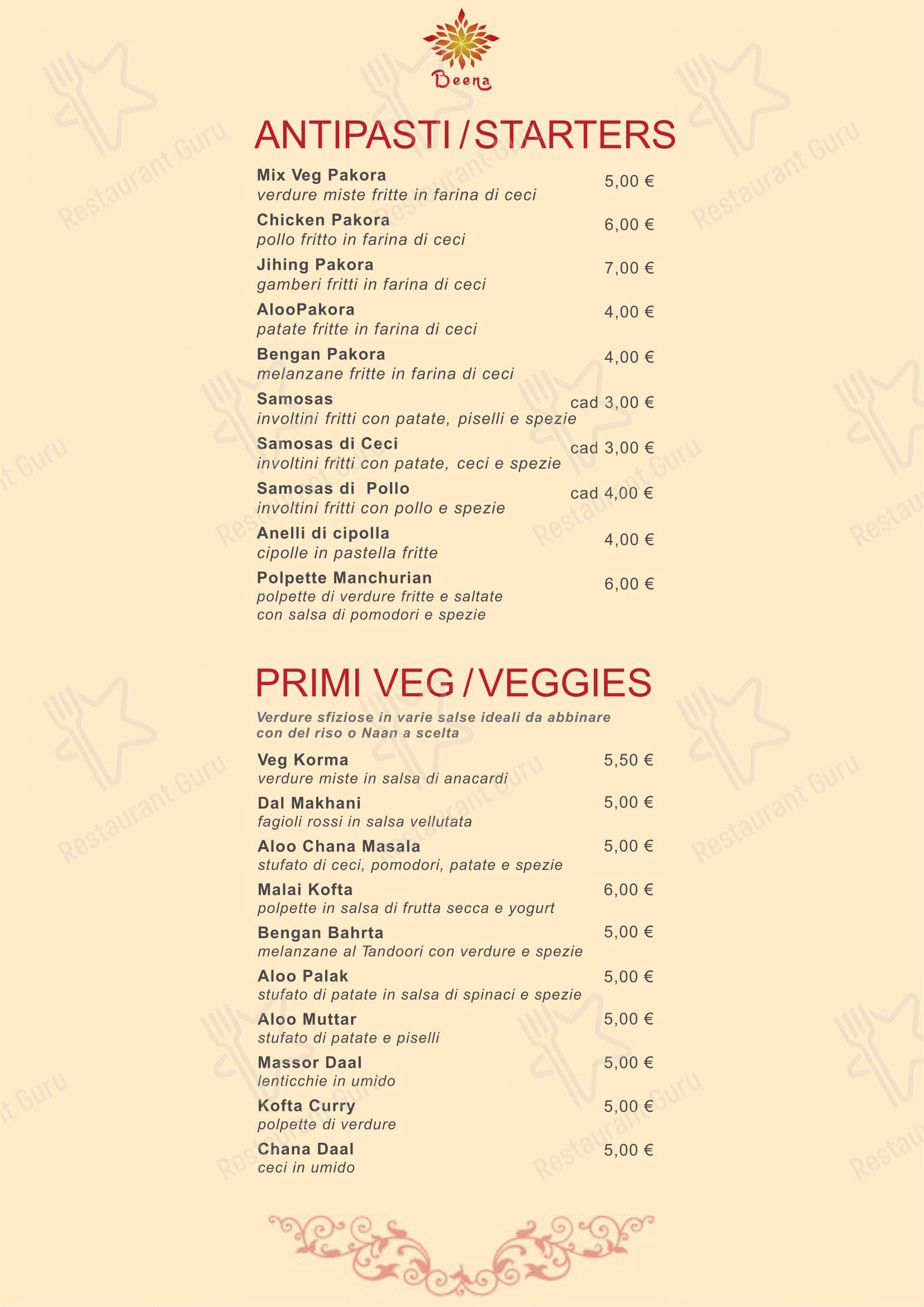 Menu per Beena Apericena Indiano ristorante