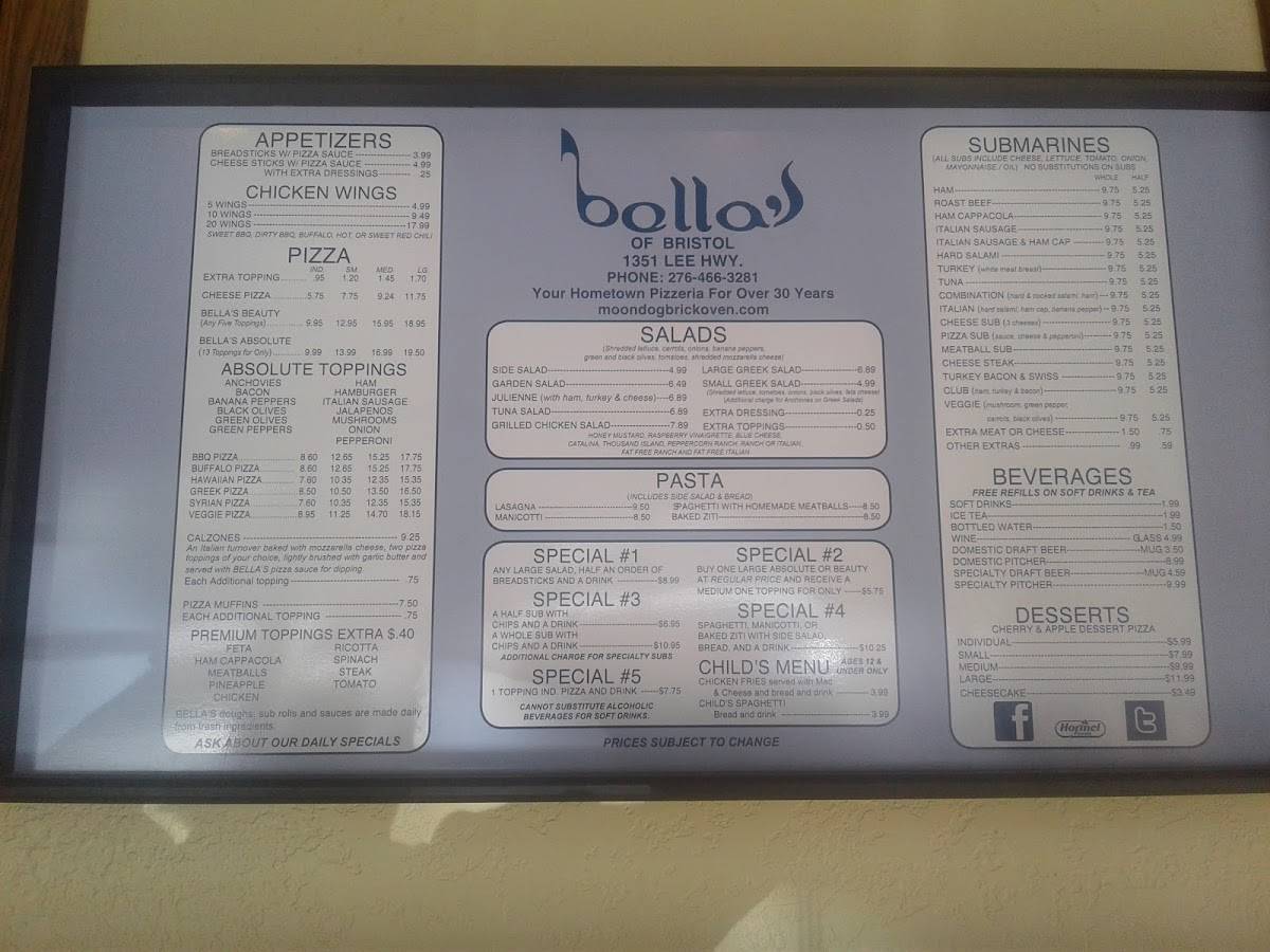 Menu at Bella's Pizza of Bristol pizzeria, Bristol