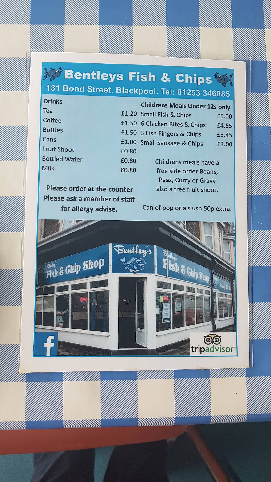 Menu at Bentley's Fish & Chip Shop restaurant, Blackpool