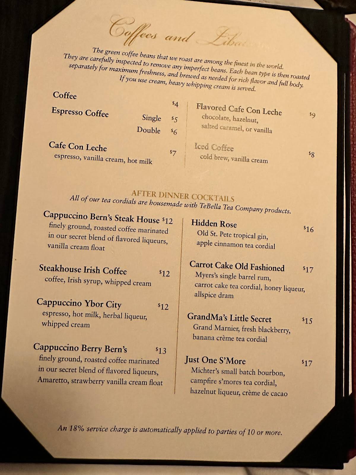 Menu at Bern's Steak House steakhouse, Tampa, 1208 S Howard Ave