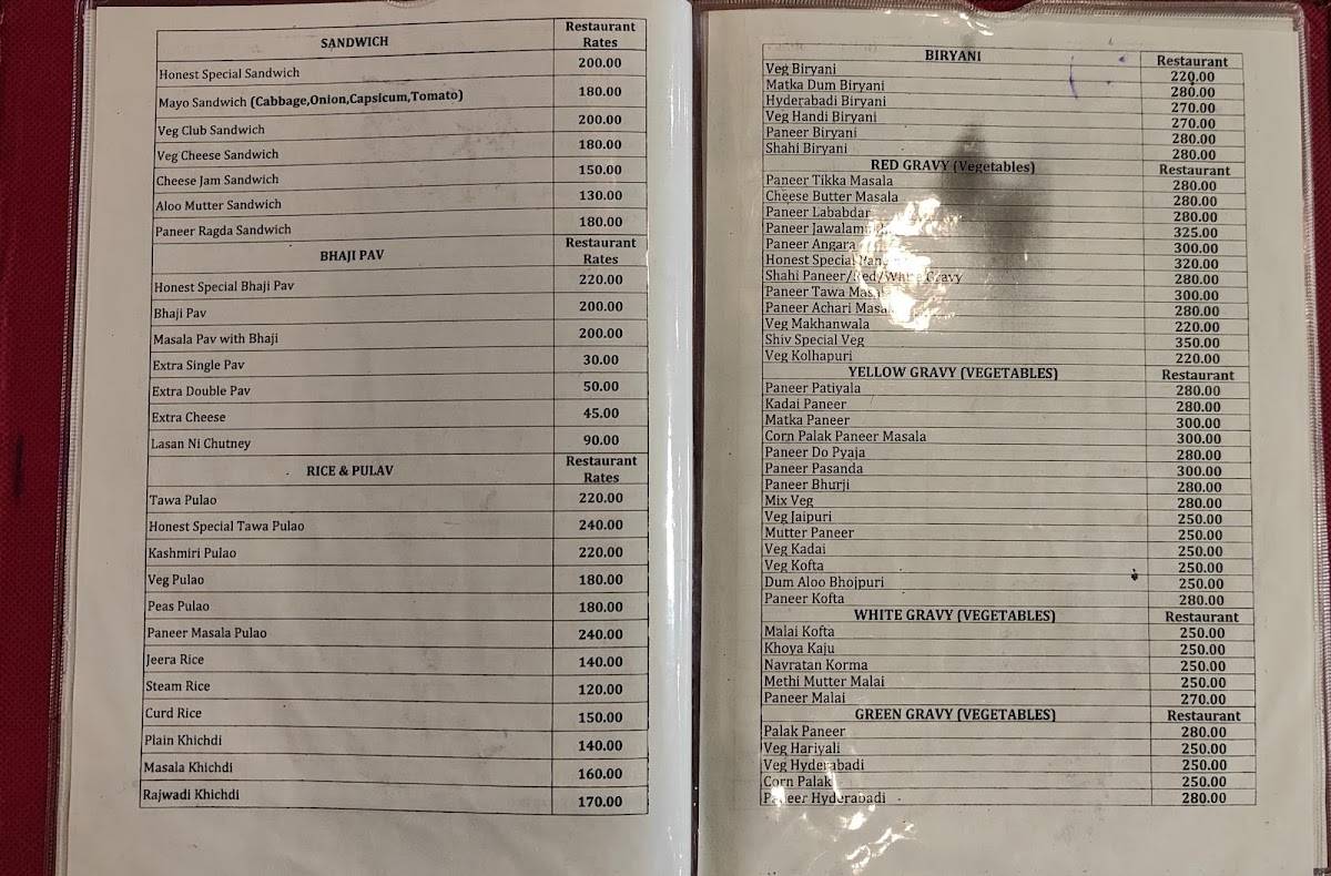 Honest Restaurant Bhachau menu