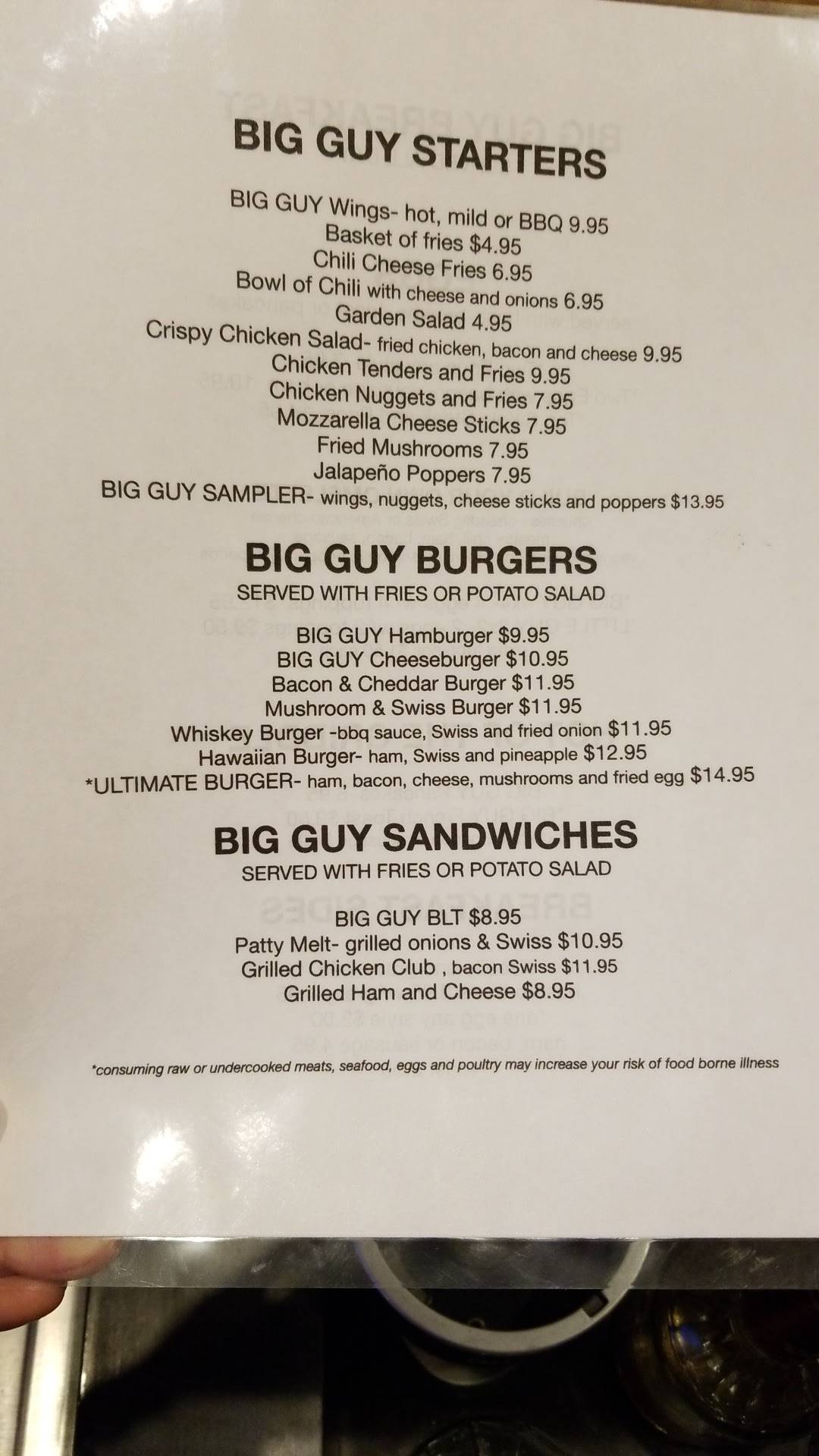 Menu at Big Guy restaurant, Clatskanie