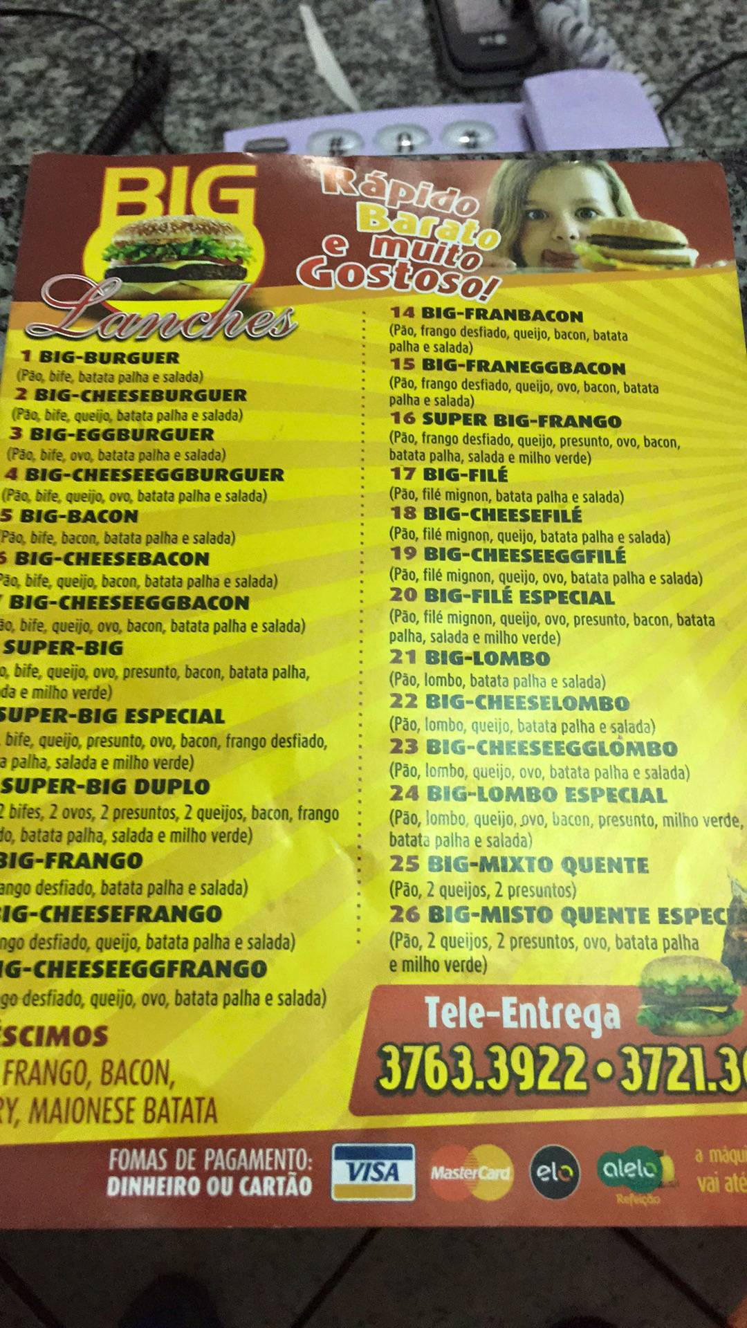 Big Lanches cardápio