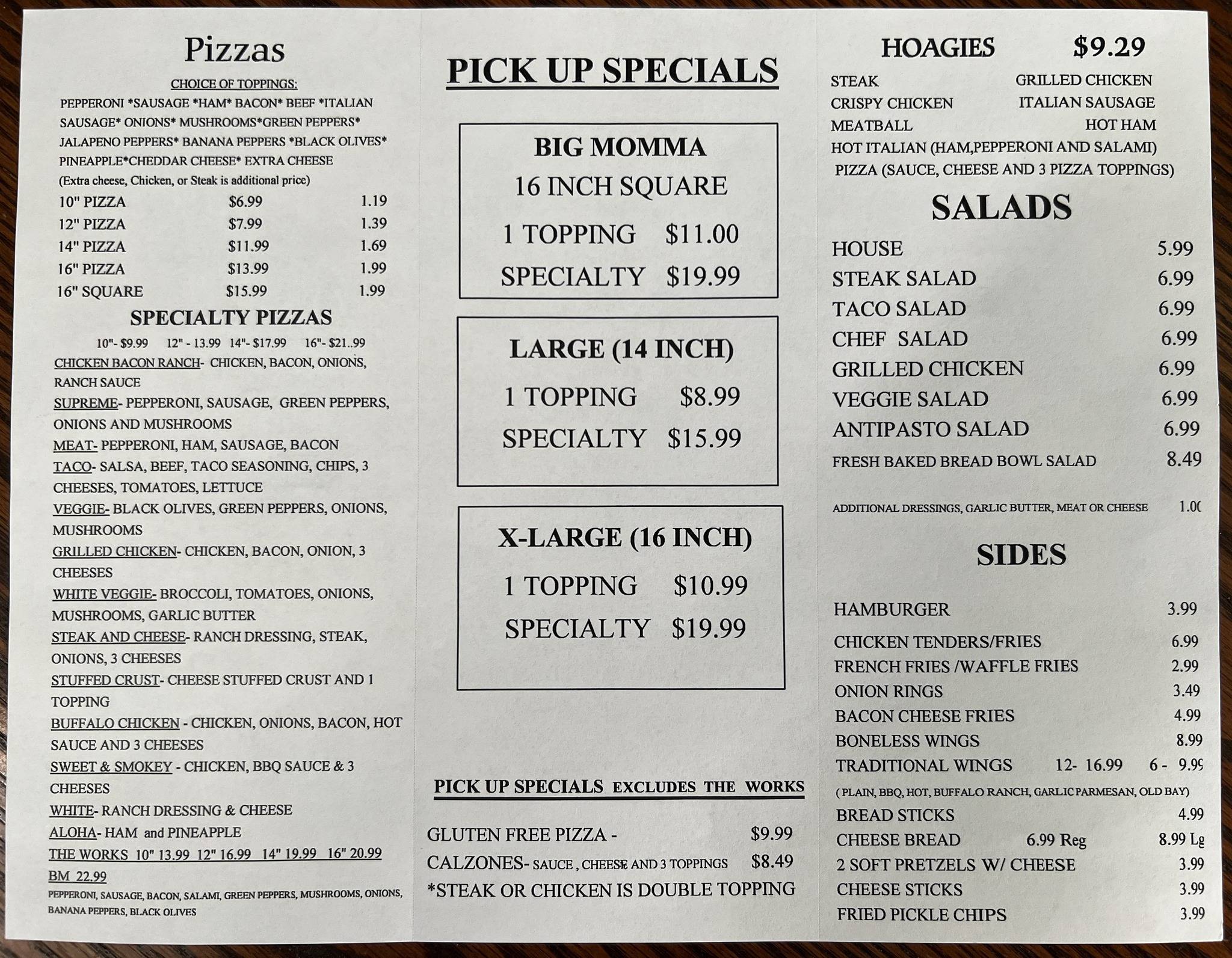 Menu at Big Momma Pizzeria, Mannington