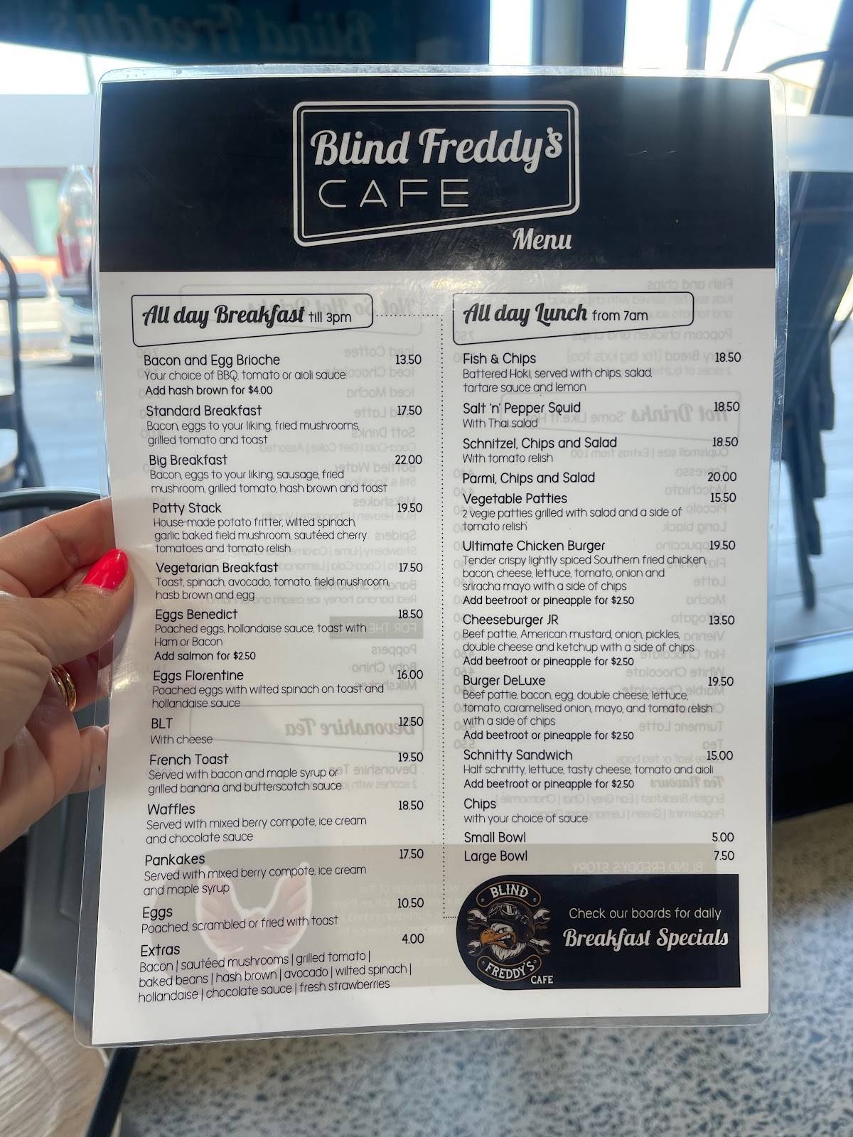 Menu at Blind Freddy's Cafe, Wodonga