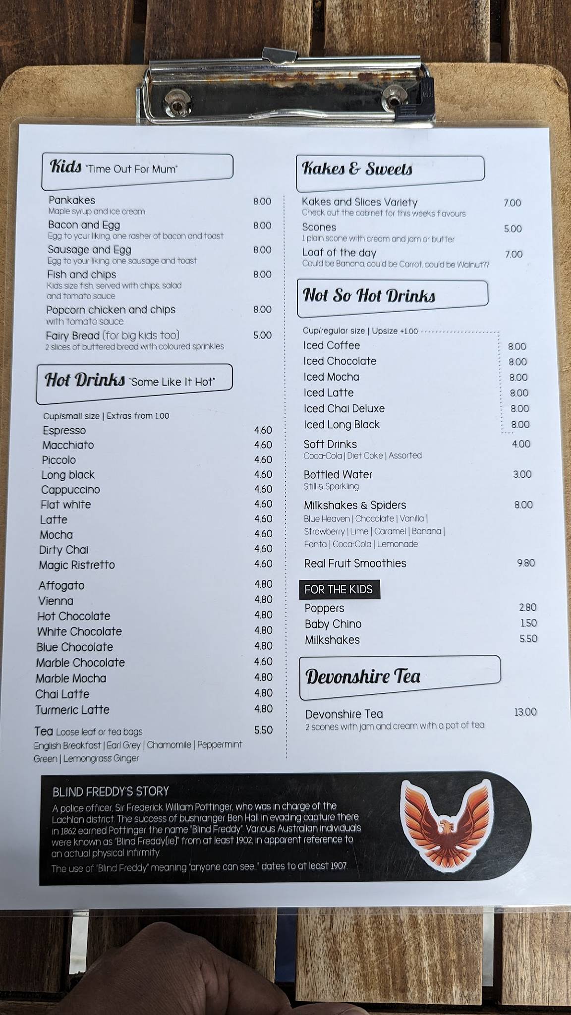 Menu at Blind Freddy's Cafe, Wodonga