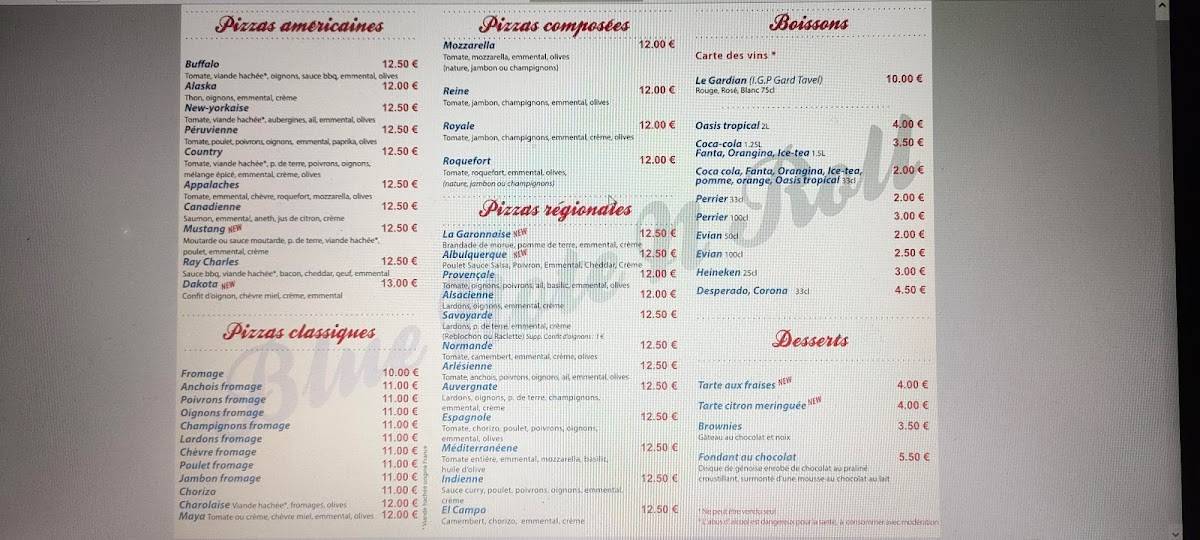 Menu de Blue note n'Roll