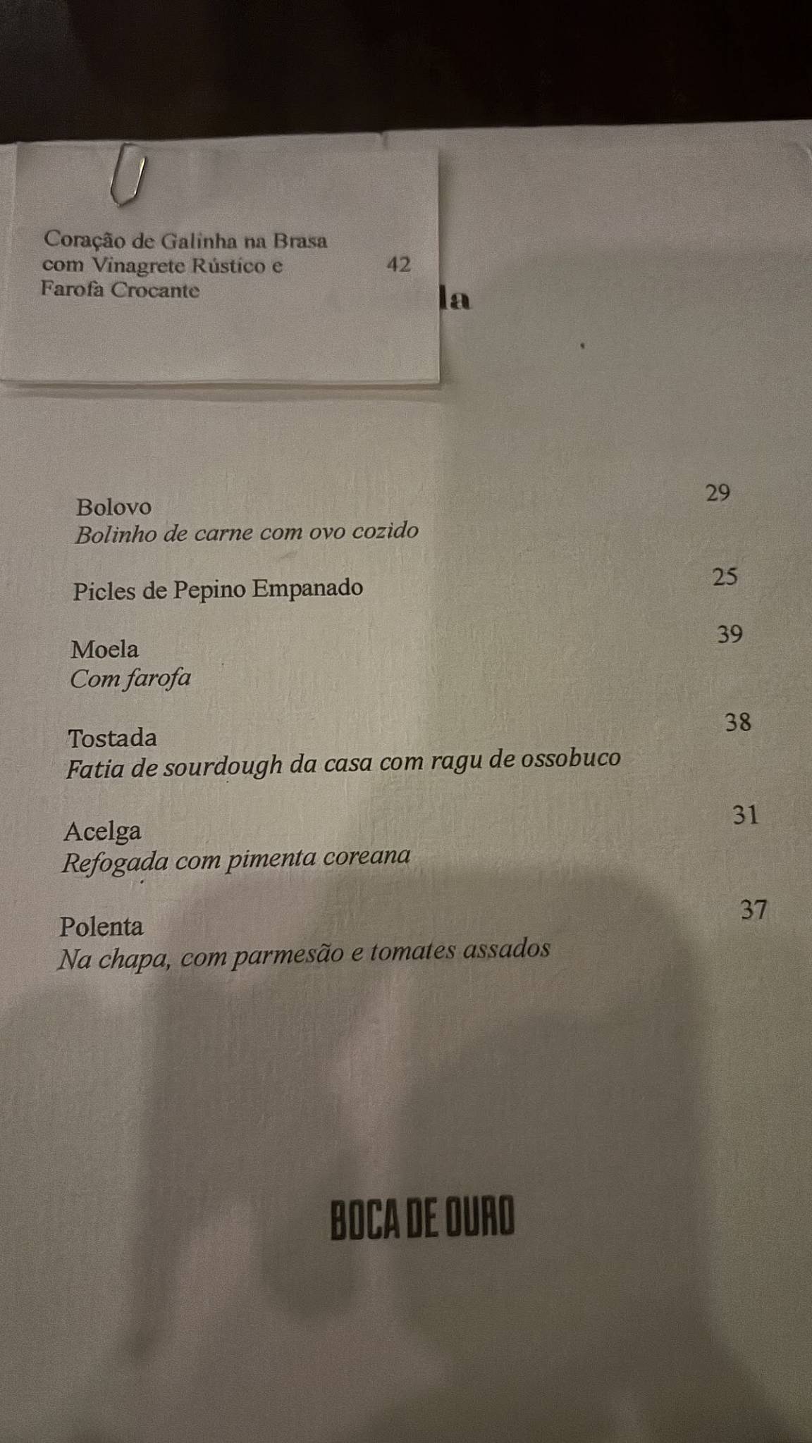 Boca de Ouro cardápio