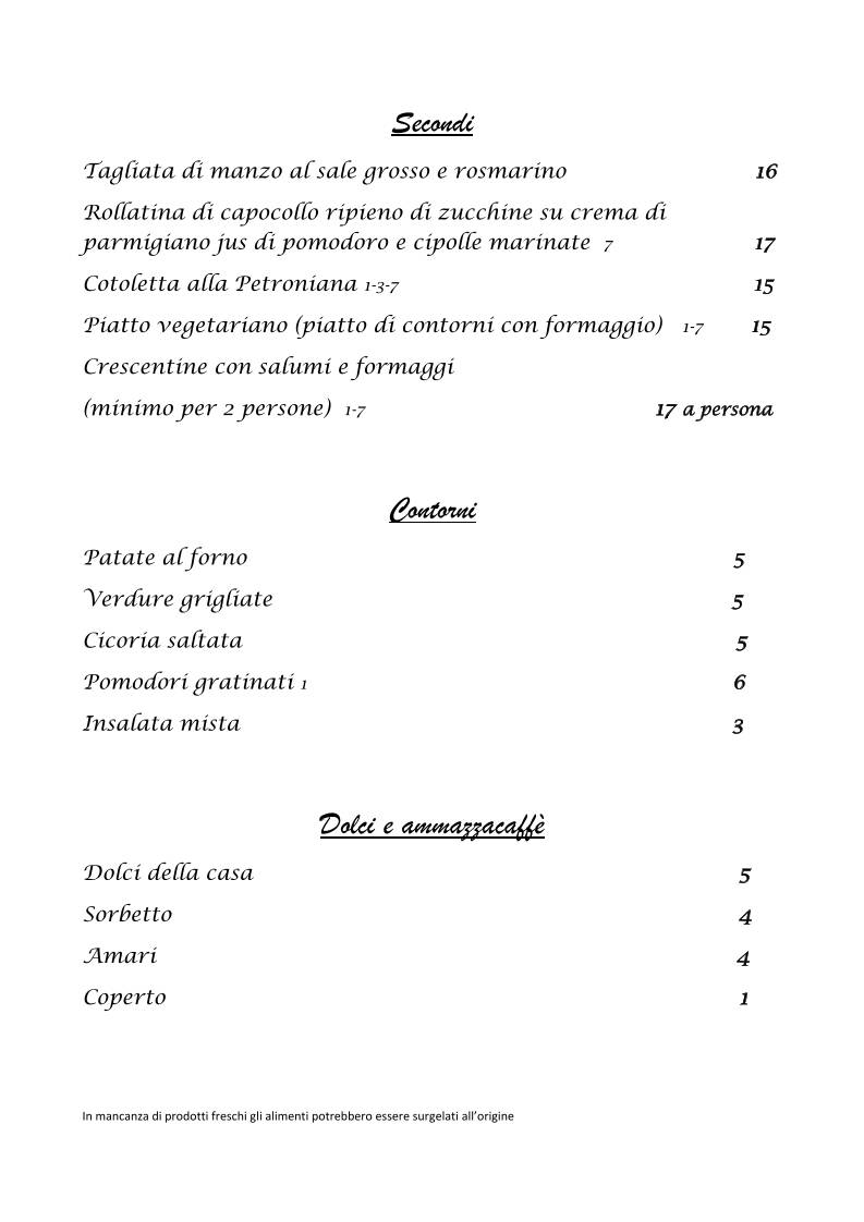 Menu di Trattoria Siro 