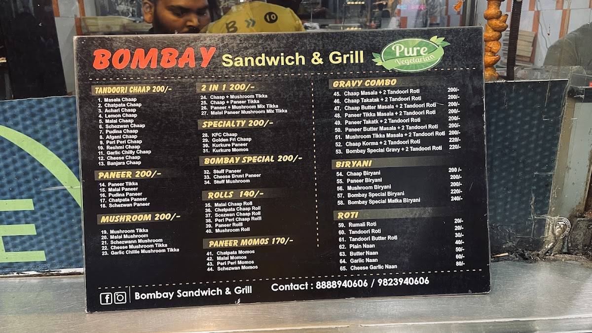 Bombay sandwich & Grill menu