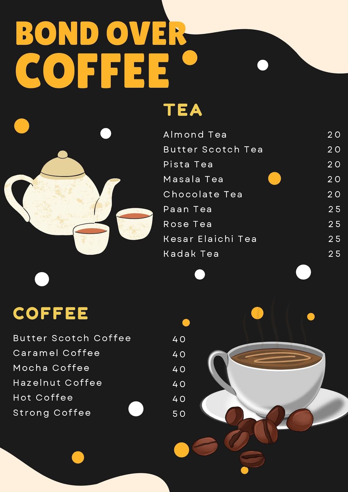Bond Over Coffee Cafe lounge menu