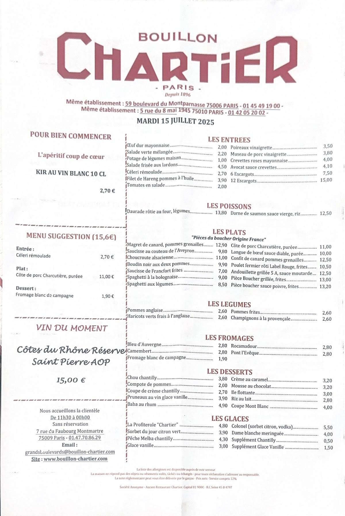Menu de Bouillon Chartier Grands Boulevards