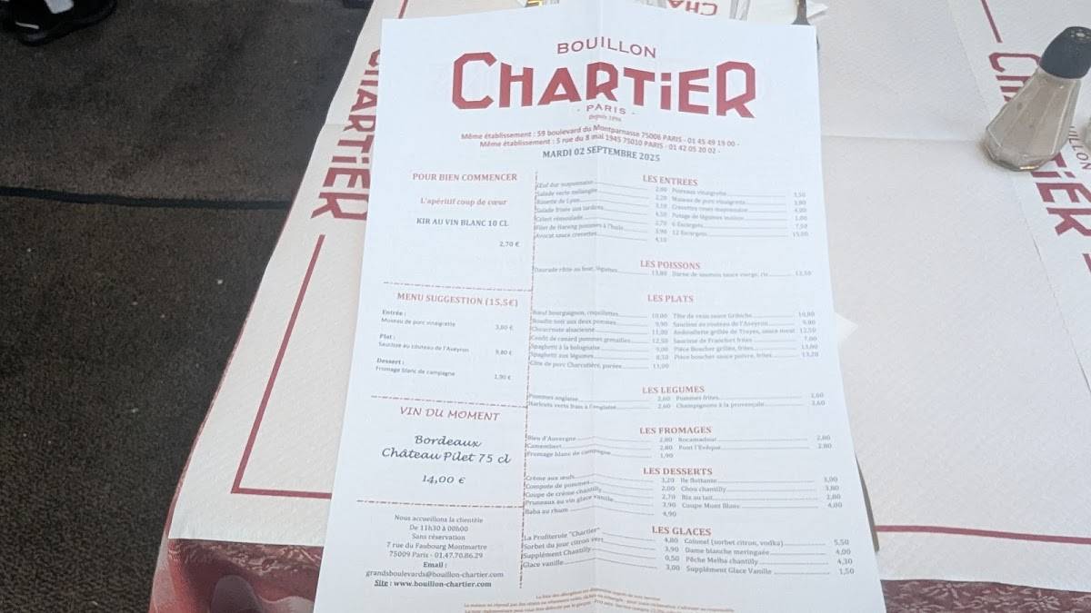 Menu de Bouillon Chartier Grands Boulevards