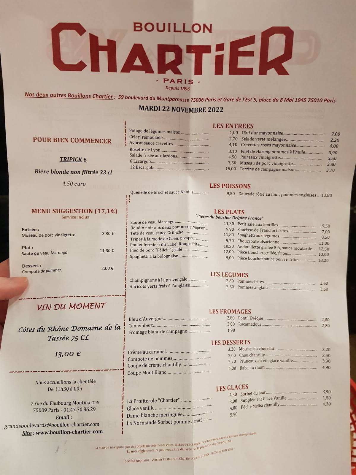 Menu at Bouillon Chartier Grands Boulevards restaurant, Paris, 7 Rue du
