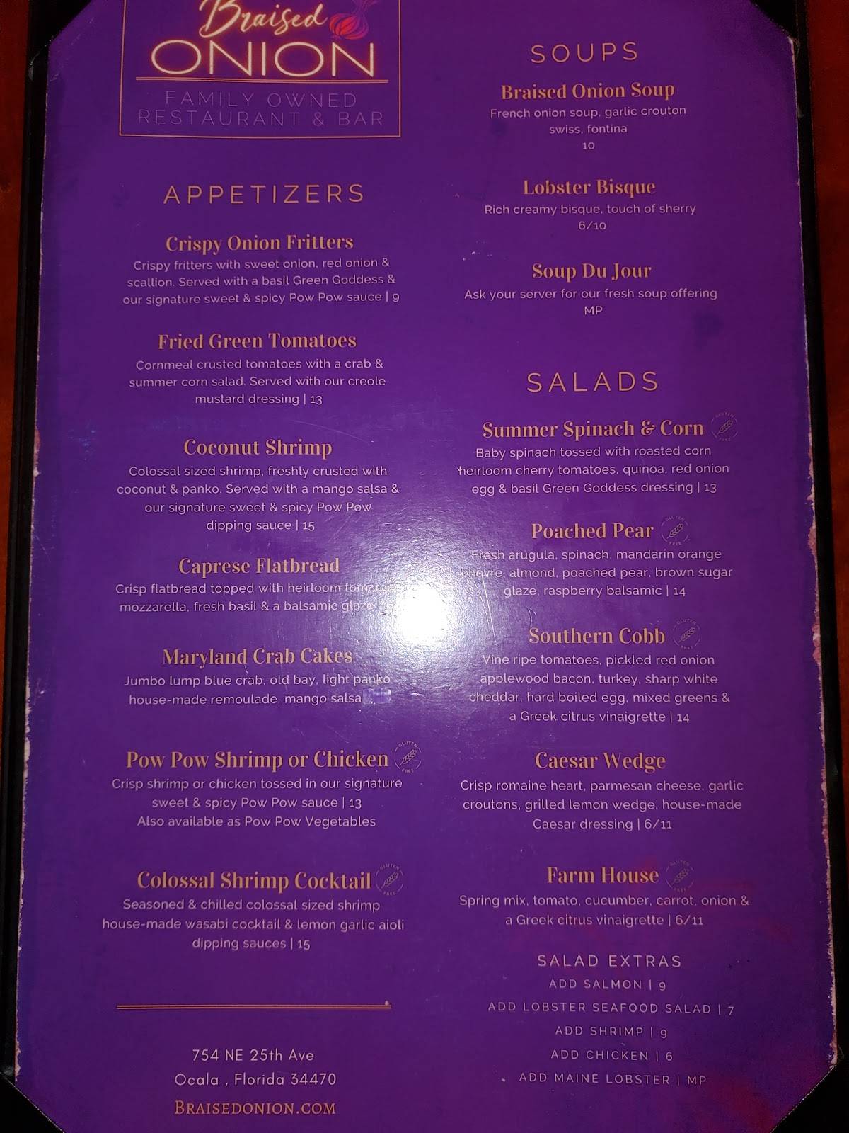 Menu at braised onion restaurant ocala
