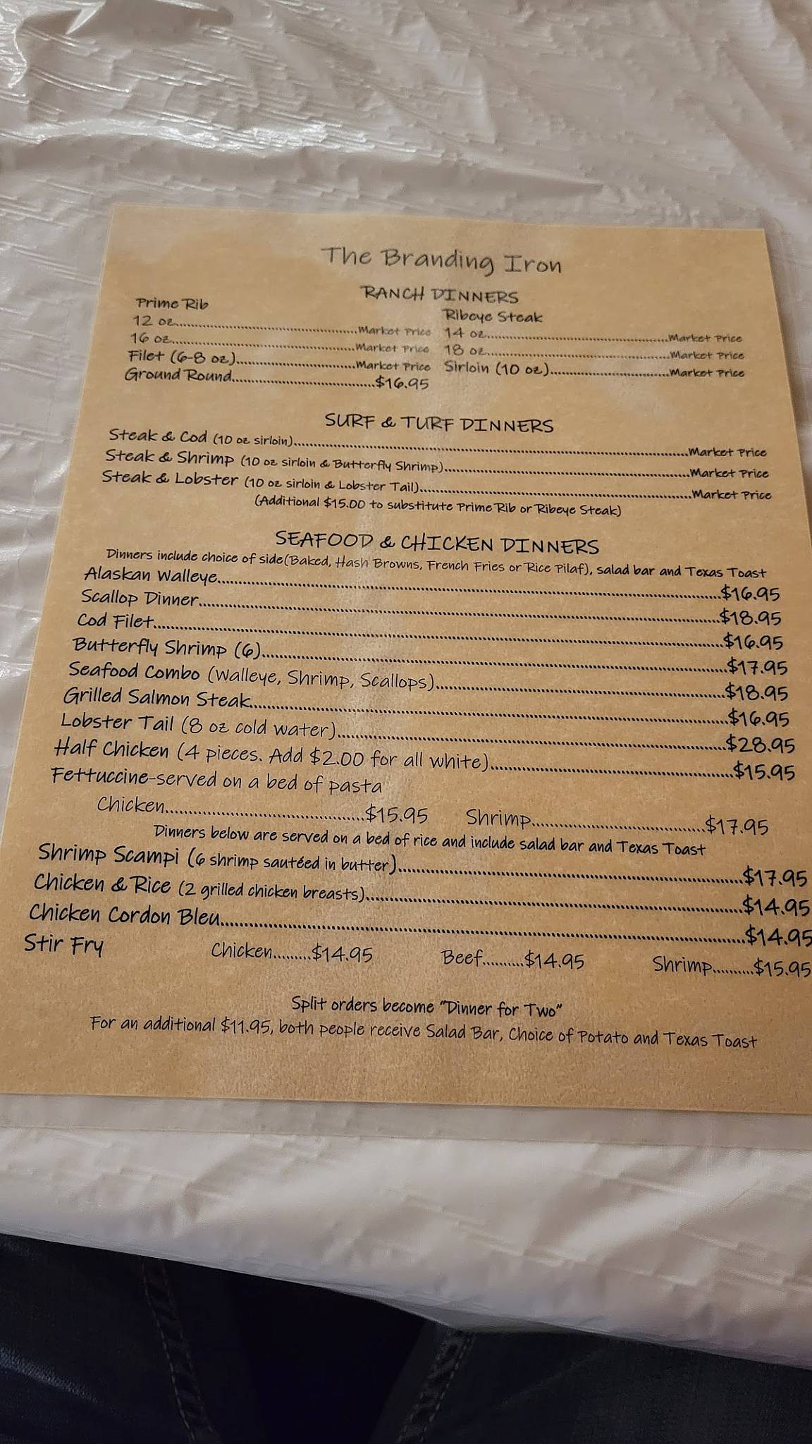 Menu at Branding Iron steakhouse, Thompson