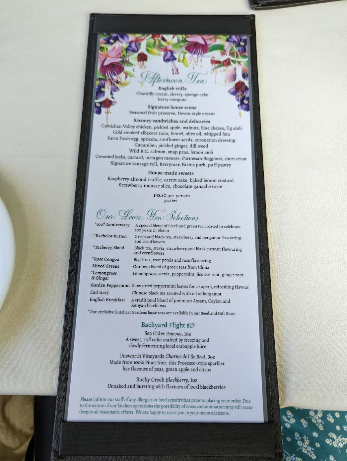 Menu at The Dining Room at Butchart Gardens restaurant, Brentwood Bay