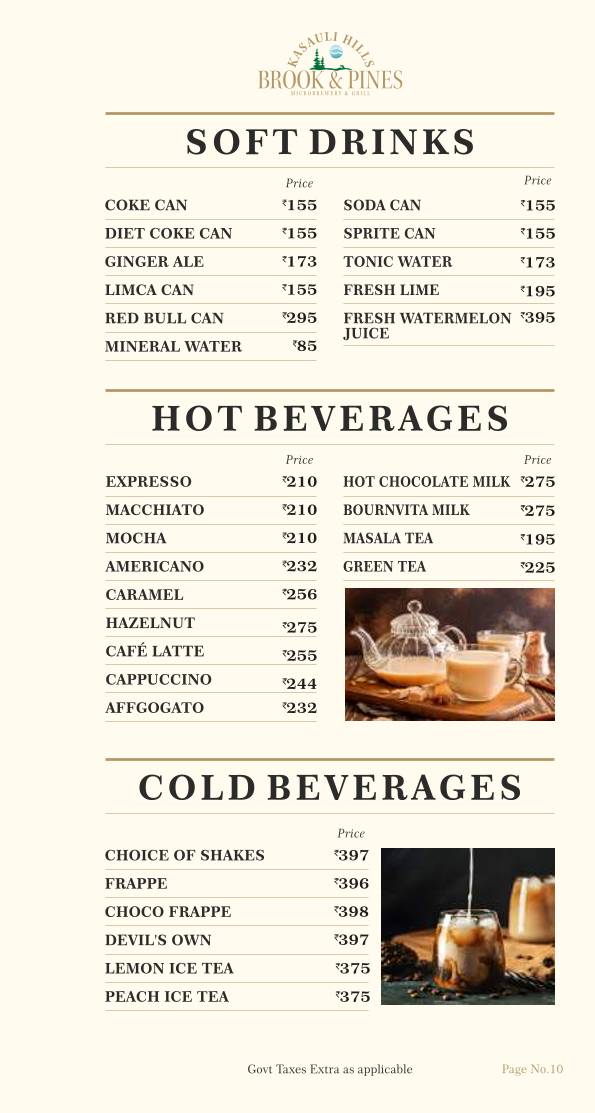 Brook & Pines Restaurant, Microbrewery & Grill menu