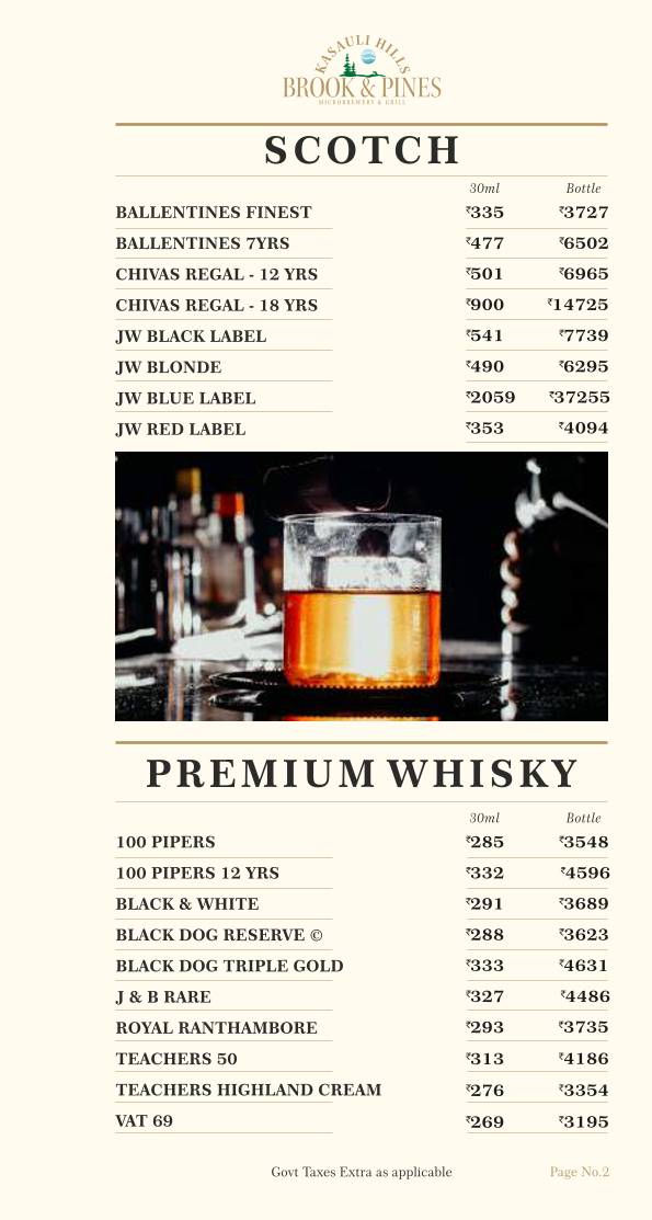 Brook & Pines Restaurant, Microbrewery & Grill menu