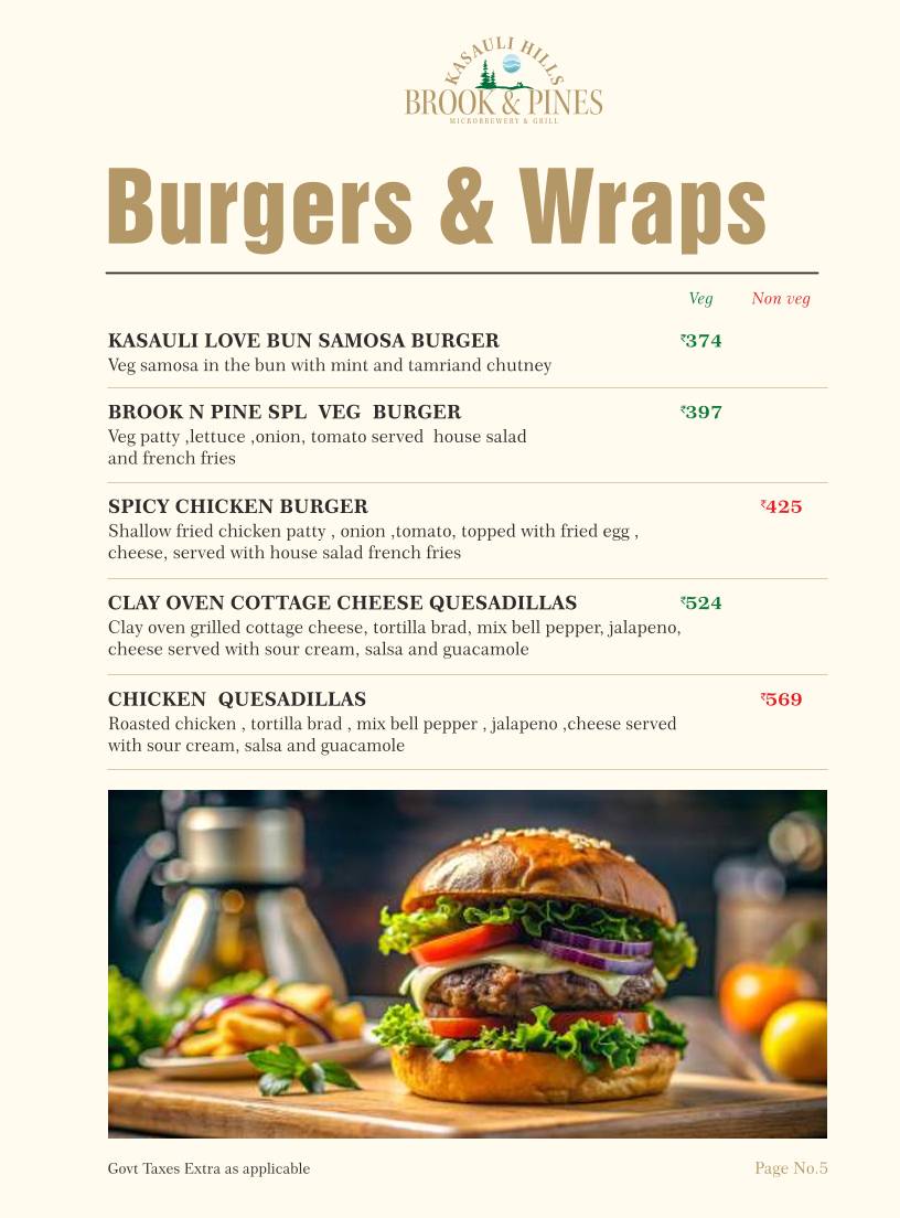 Brook & Pines Restaurant, Microbrewery & Grill menu