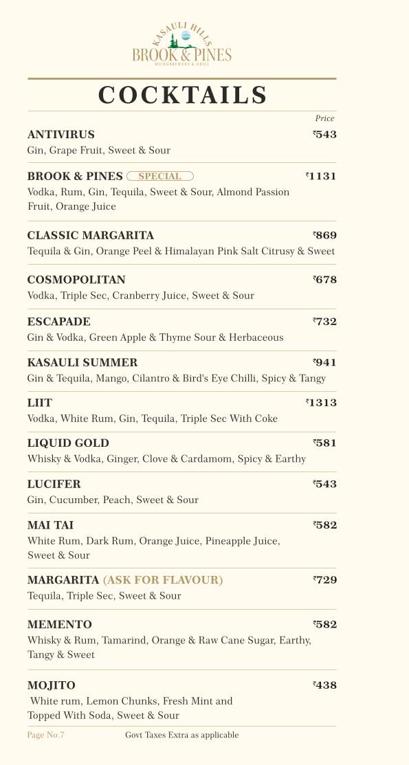 Brook & Pines Restaurant, Microbrewery & Grill menu