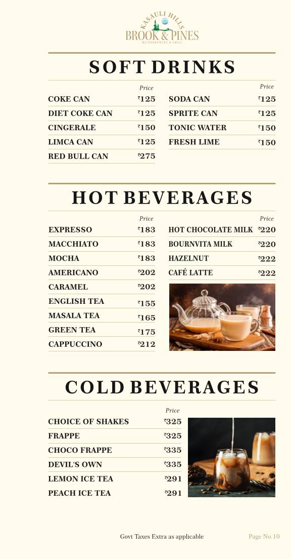 Brook & Pines Restaurant, Microbrewery & Grill menu