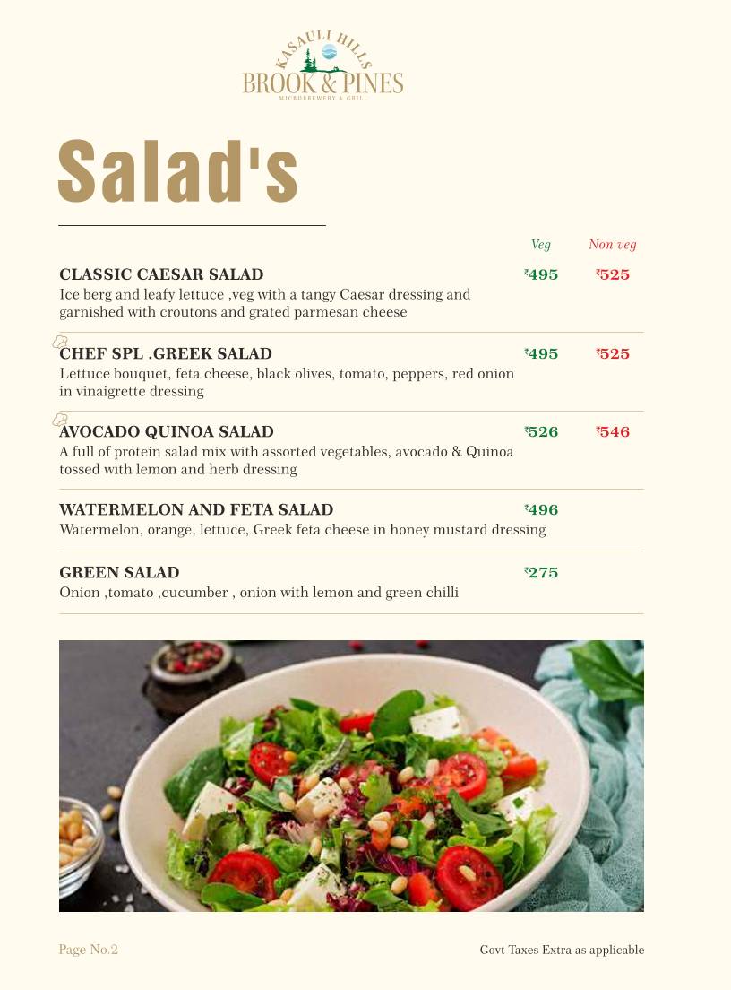 Brook & Pines Restaurant, Microbrewery & Grill menu