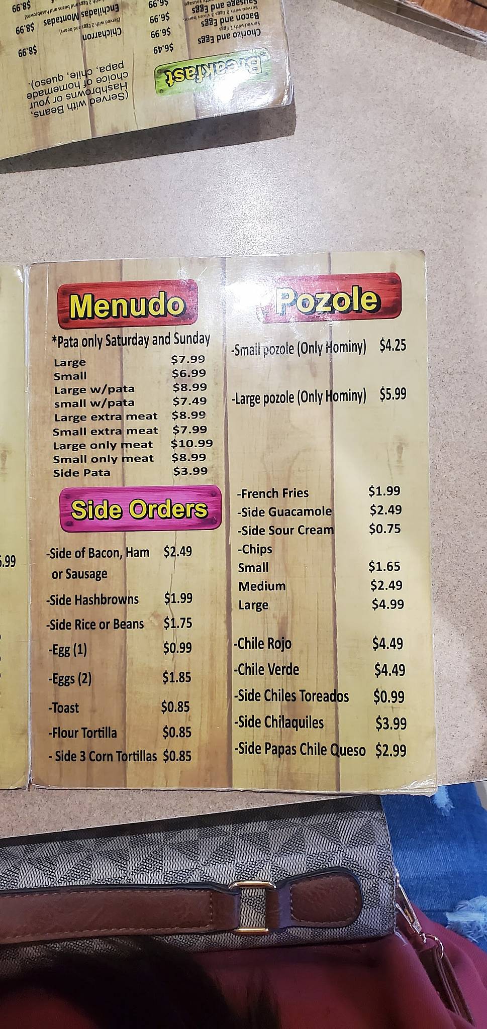 Menu at Burrito House restaurant, El Paso, Dyer St
