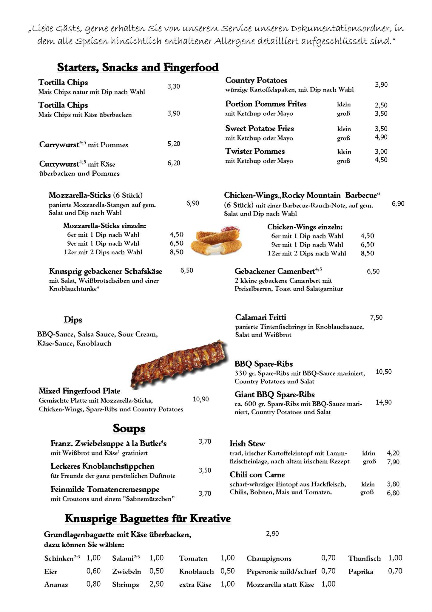 Menu de Butler's Café - Restaurant - Bar