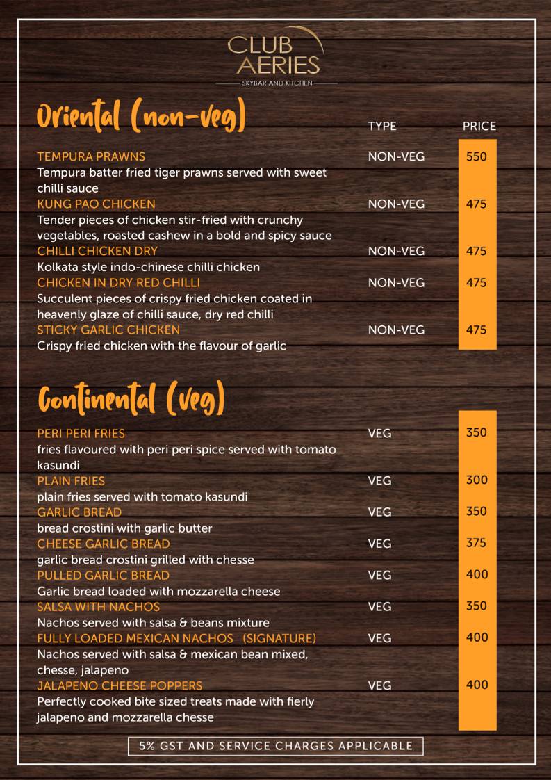CLUB AERIES - SKYBAR & KITCHEN menu