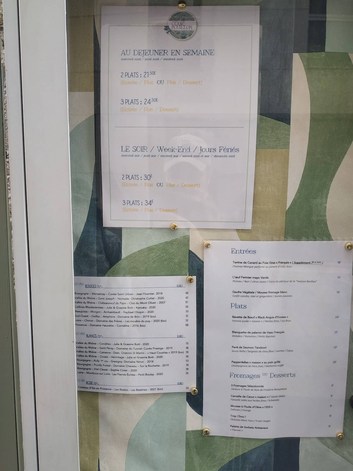 Menu au COURT BOUILLON restaurant, Lyon