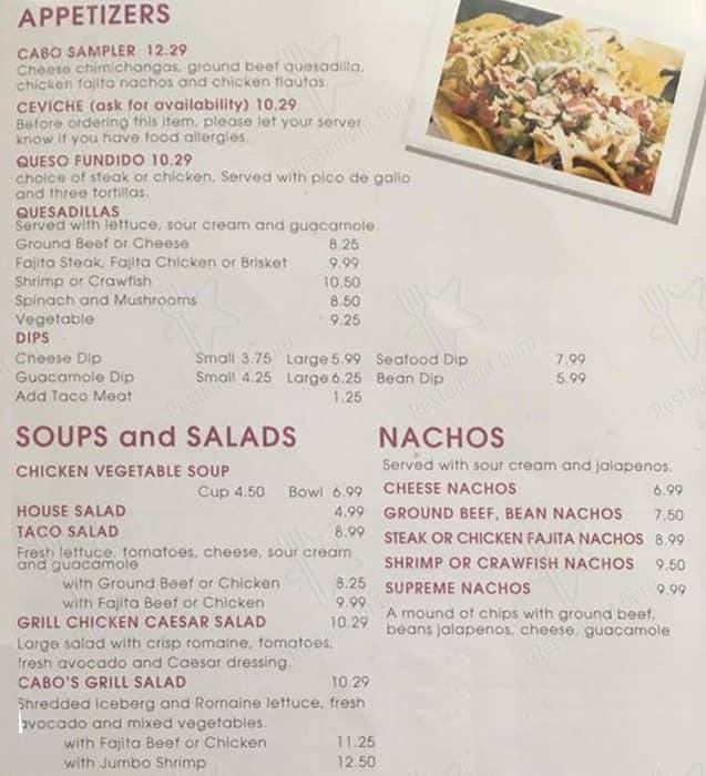 Menu at Cabos Mexican Restaurant Plaquemine, Plaquemine