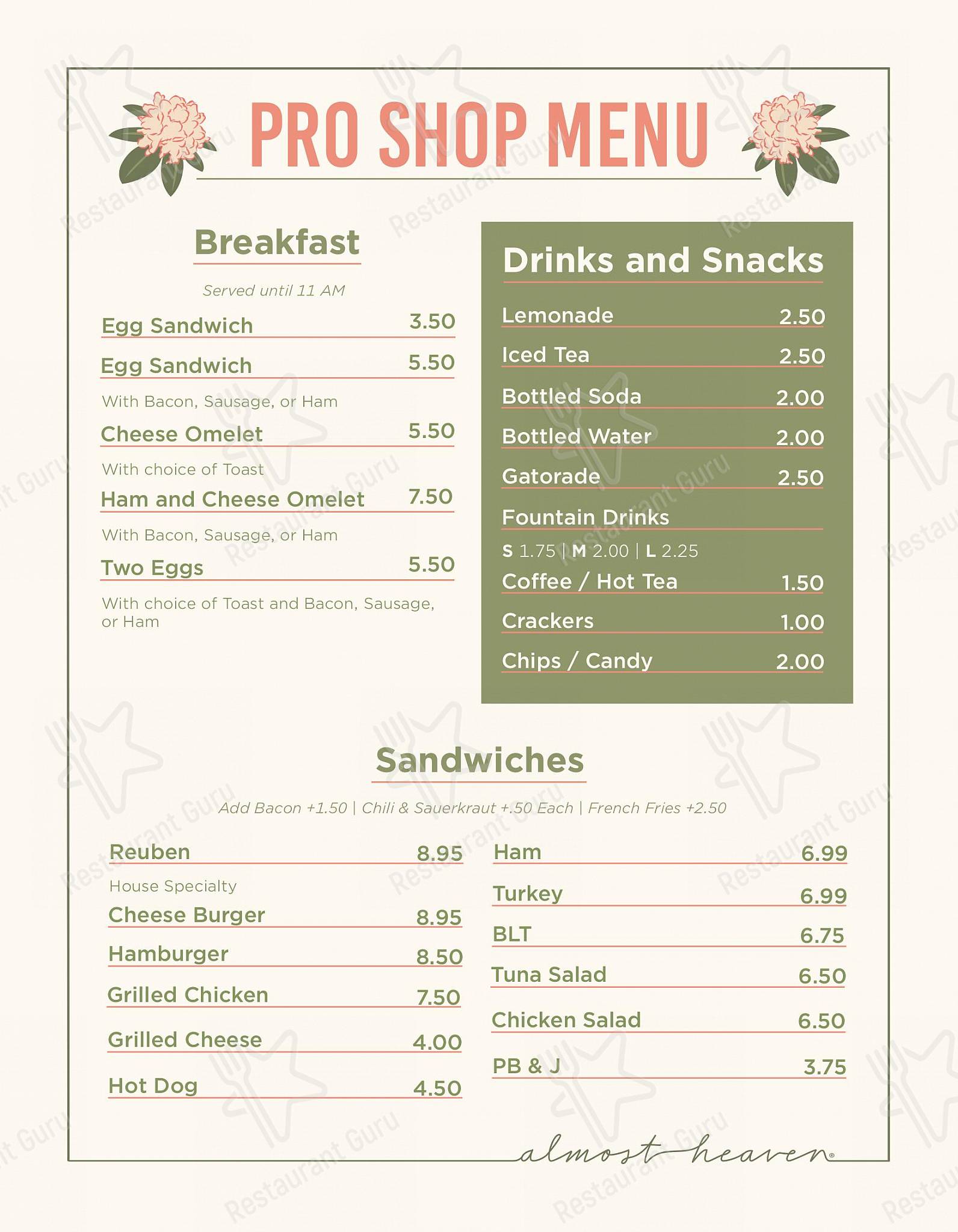 Menu at Cacapon Resort State Park pub & bar, USA