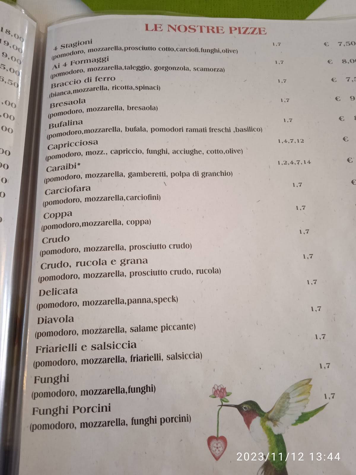 Menu di Pizzeria Colibrì 
