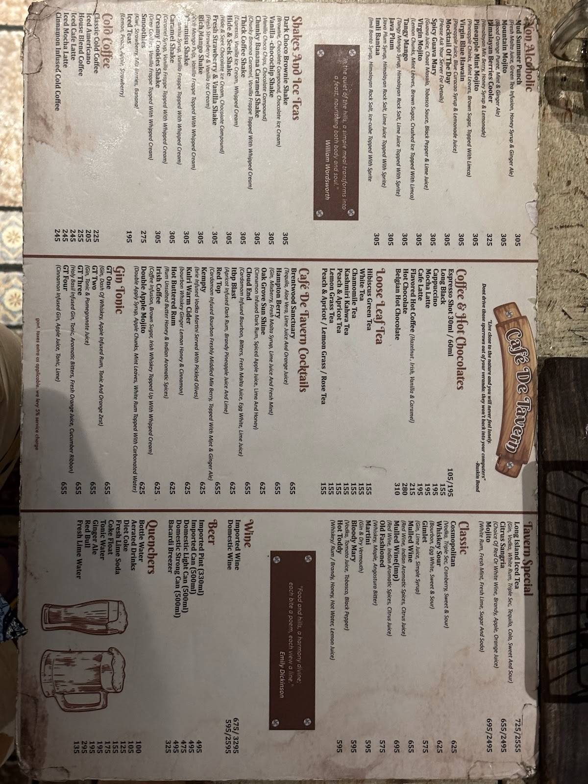 Cafe De Tavern menu