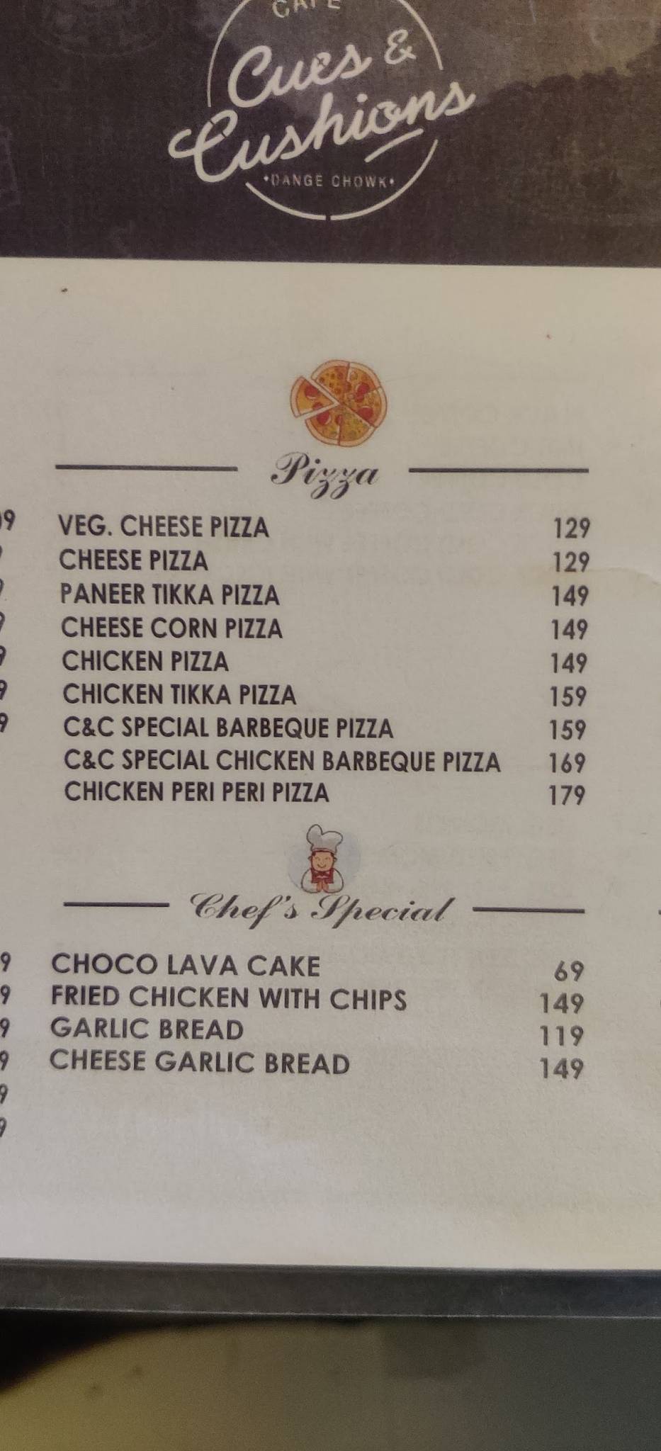 Cafe cues and cushions menu