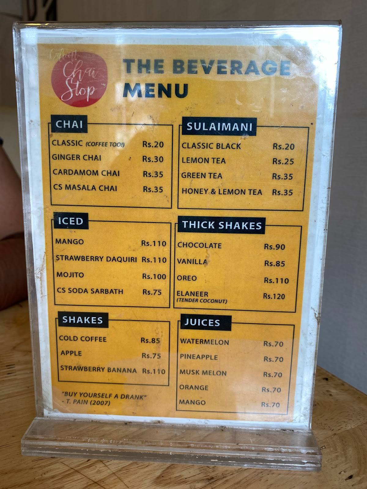 Chai Stop menu